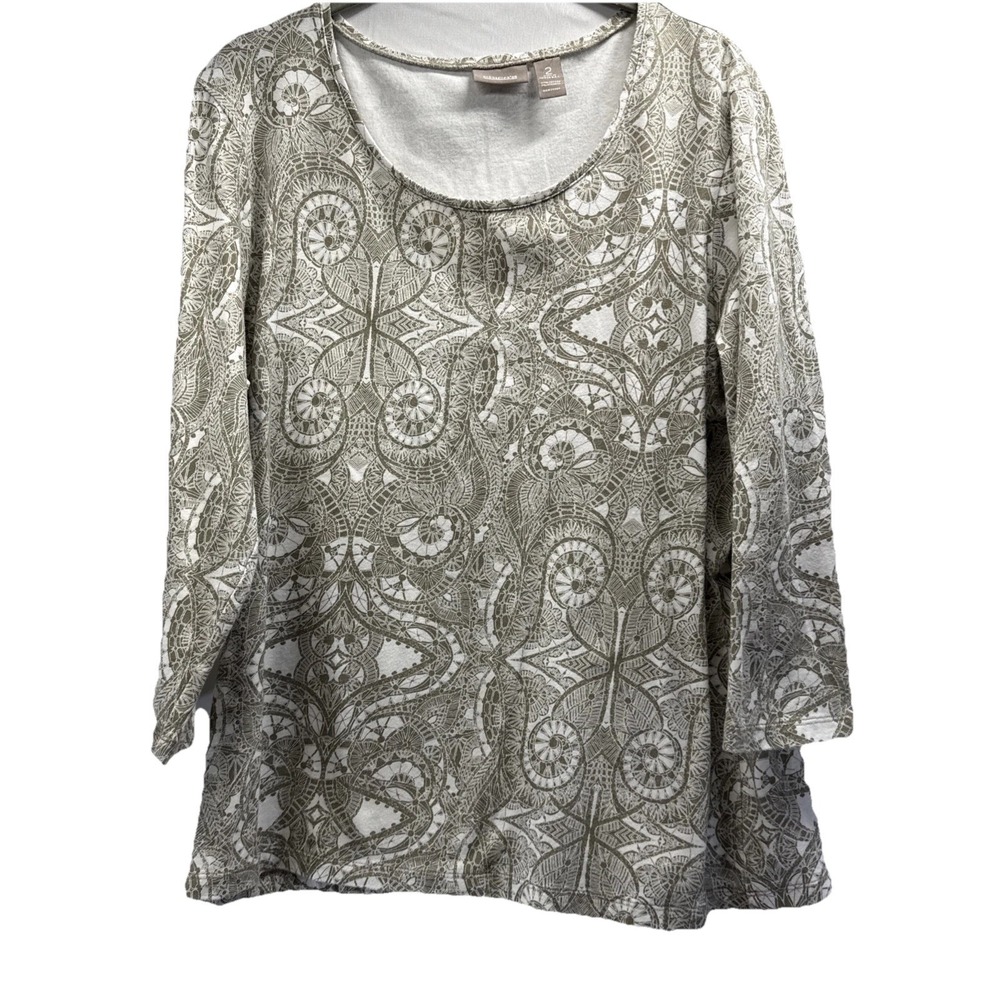 Chicos Women's Top Size L Green White Paisley Pullover Cotton Blend 3/4 Sleeve